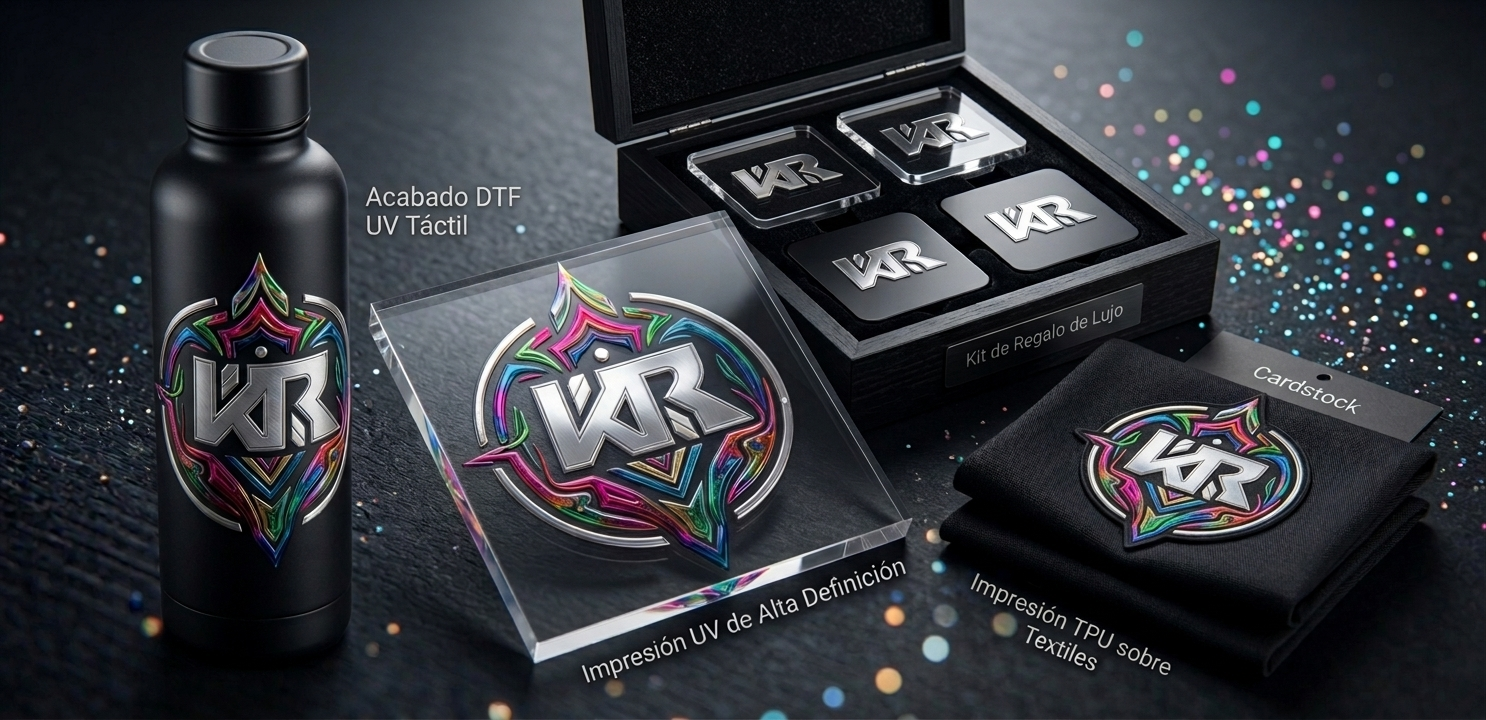 Cabecera premium de productos impresos con tecnología DTF UV de Kütter Design, mostrando una botella negra, un posavasos de acrílico y textiles con acabados metálicos y vibrantes.